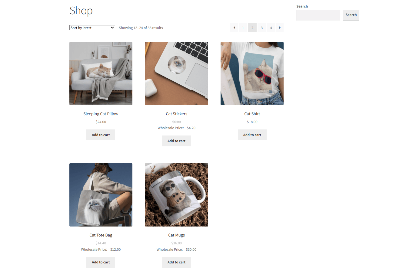 What Wholesale Customers See — The shop page as a logged-in wholesale customer: the retail price struck through, the wholesale price shown beneath it with your own label text, and add to cart ready at the wholesale rate.