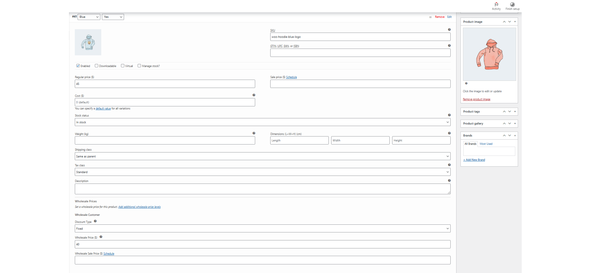 Wholesale Pricing for Variable Products — Every variation gets its own Wholesale Prices panel under the Variations tab. Set a discount type and wholesale price on each variation independently.