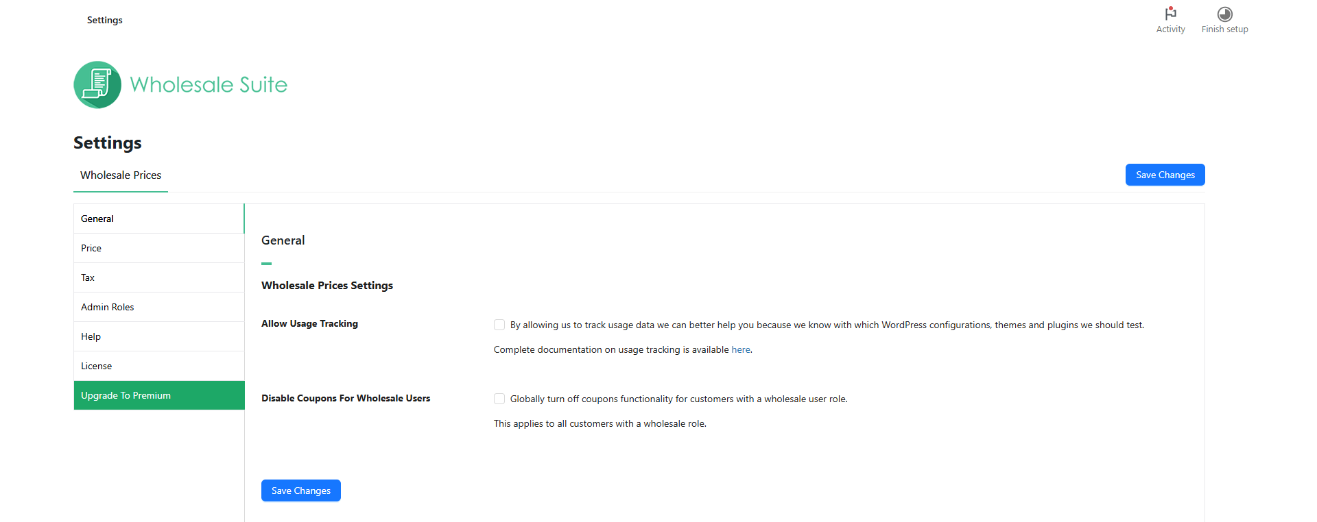 General Settings — Store-wide wholesale options at a glance: usage tracking opt-in and a global switch to turn off coupons for anyone with a wholesale role.