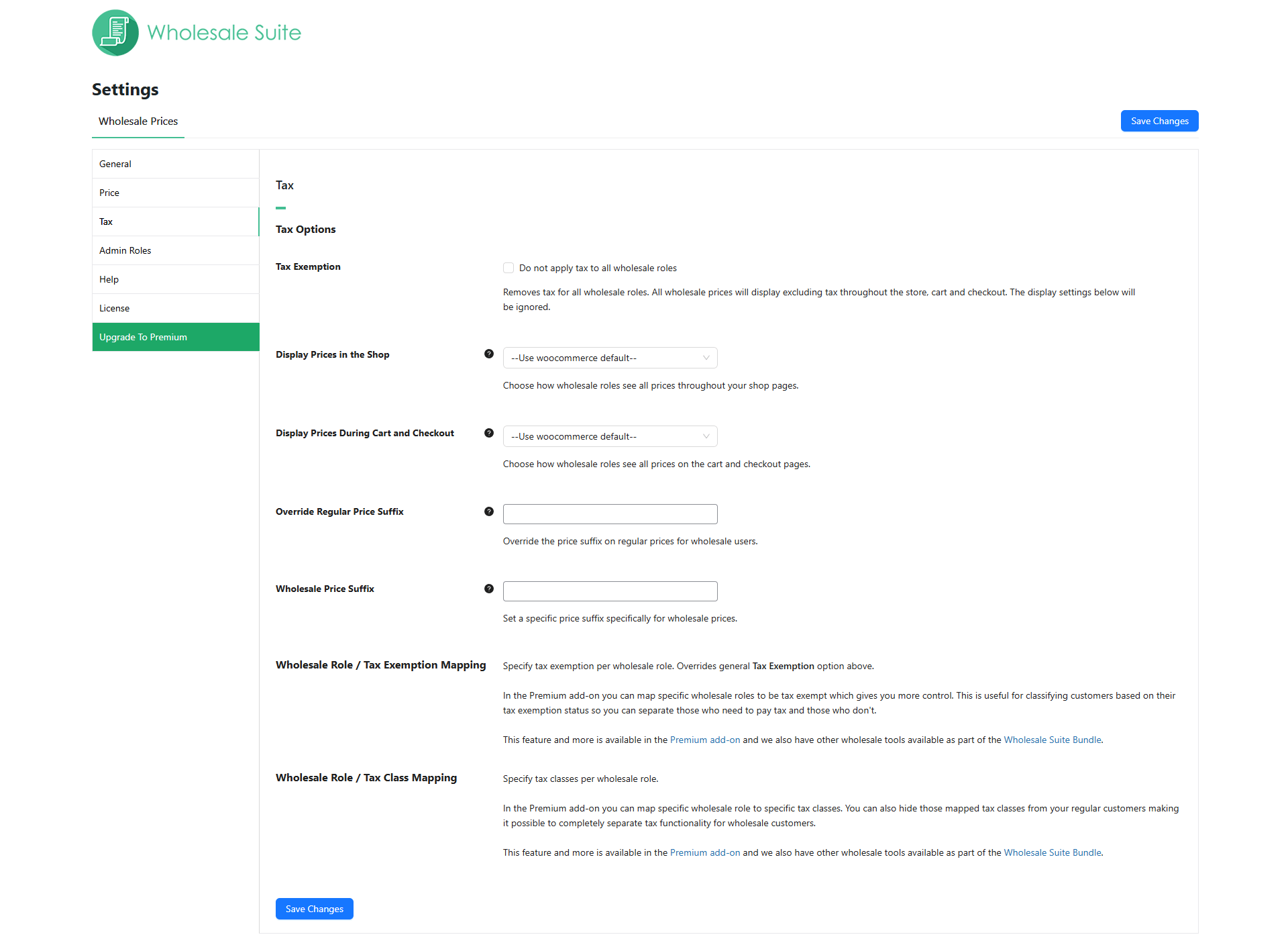 Tax Settings — Decide how tax behaves for wholesale orders: exempt all wholesale roles, choose whether shop and cart/checkout prices show including or excluding tax, and set your own price suffixes for regular and wholesale prices.
