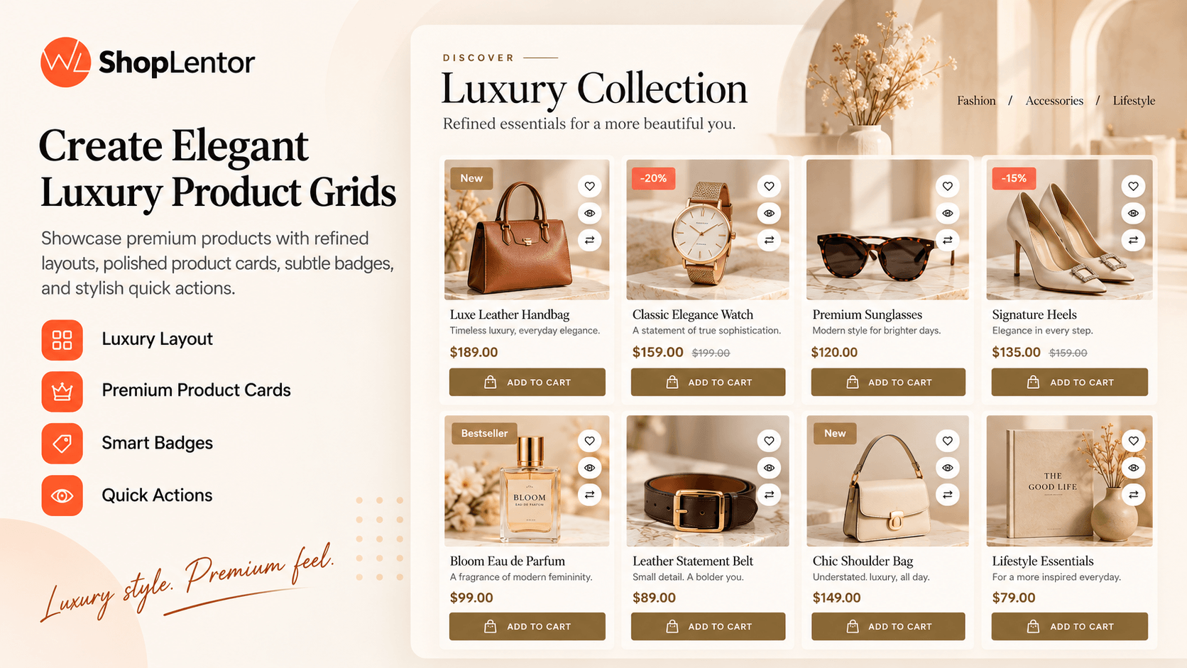 Present premium products with editorial layouts, smart badges, and elegant CTAs.