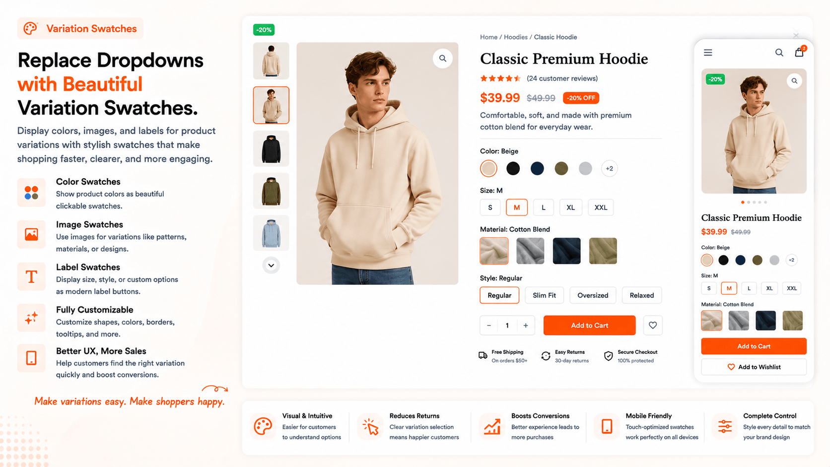 Replace dropdowns with color, image, and label variation swatches.