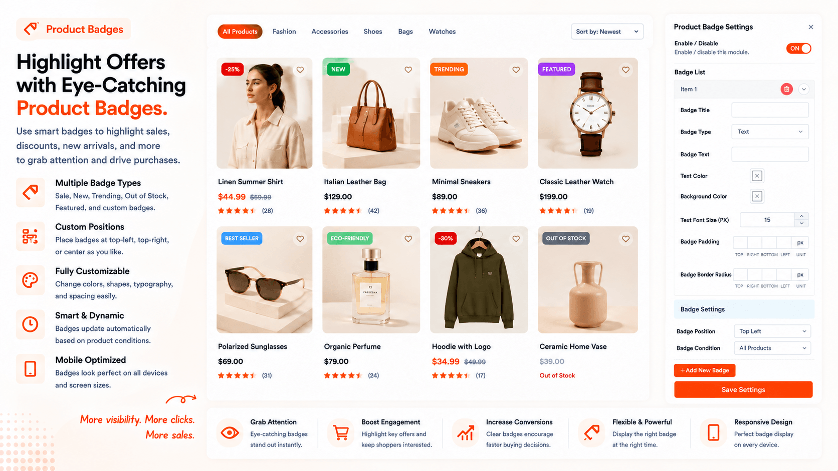 Highlight discounts, new arrivals, featured products, and special offers.