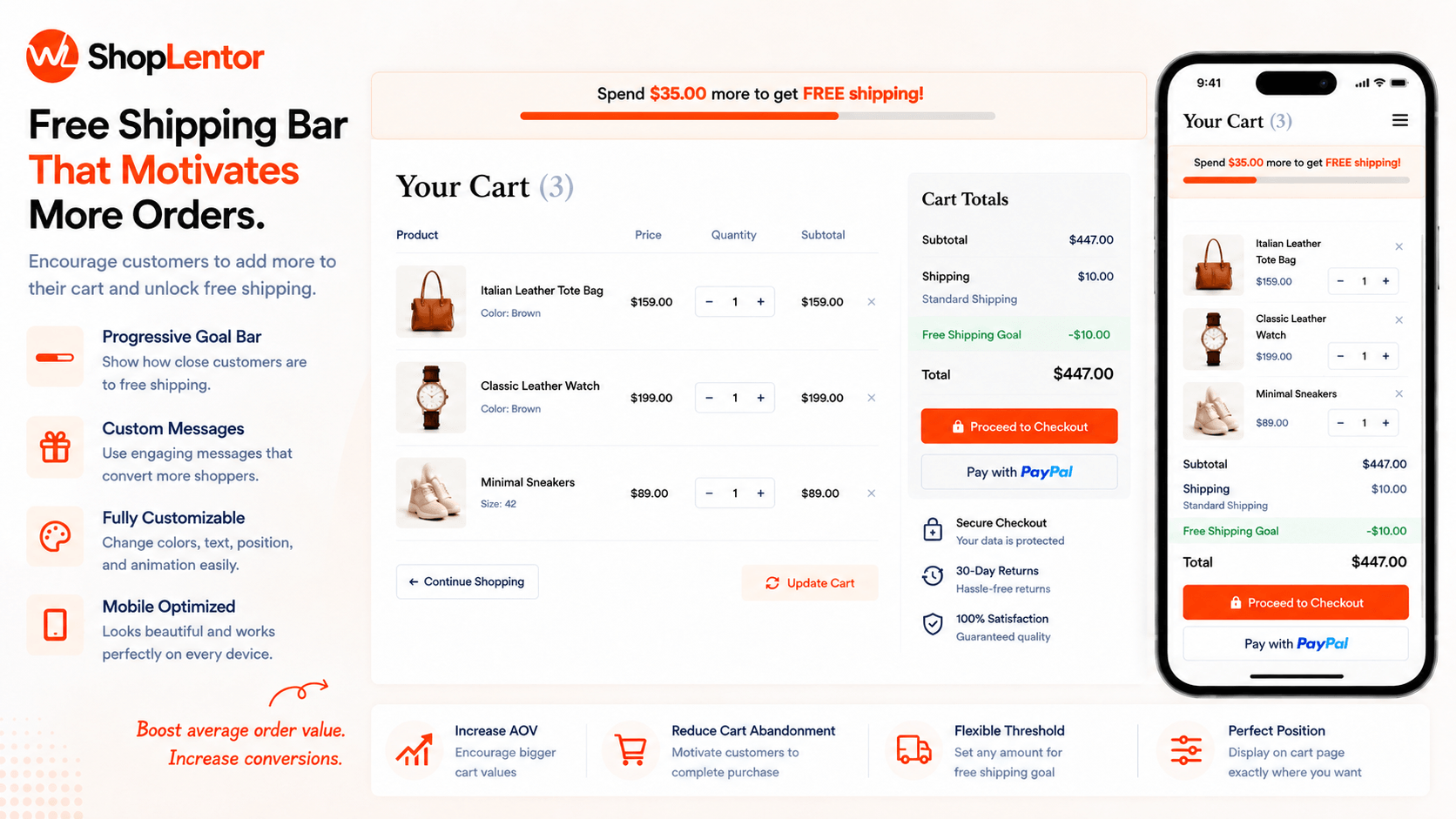 Encourage bigger orders with a dynamic free shipping progress bar.