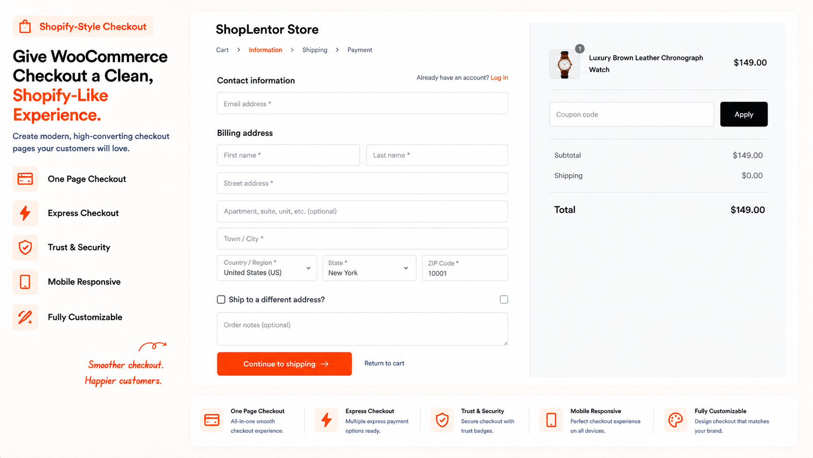 Give WooCommerce checkout a clean, modern Shopify-like experience.