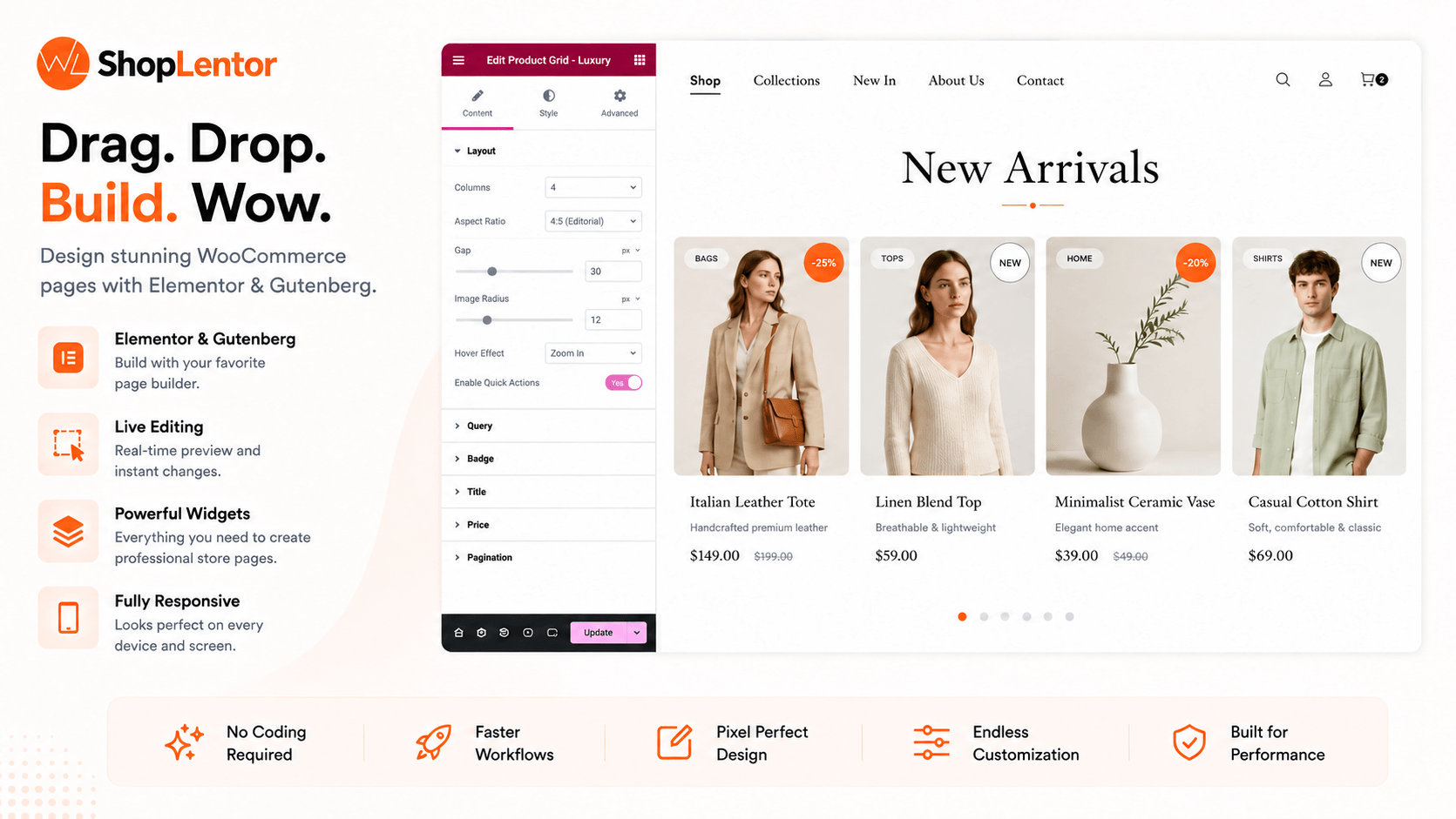 Build WooCommerce layouts with powerful Elementor widgets.