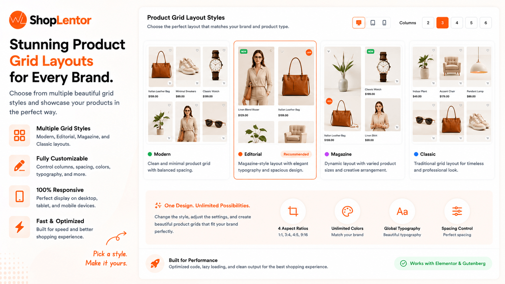 Showcase products with modern, editorial, magazine, and luxury grid styles.