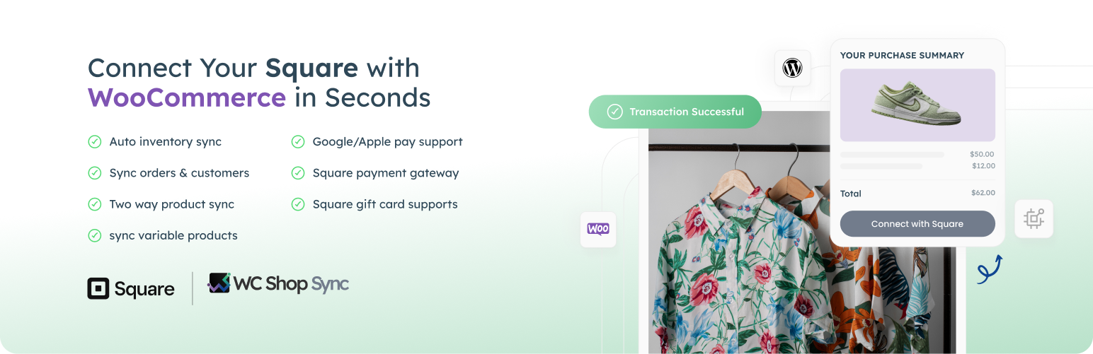 WordPress 外掛 WC Shop Sync – Square Payment Gateway for WooCommerce, Inventory Sync Between Square and WooCommerce, Ultimate WooCommerce Square Plugin 的封面圖片。