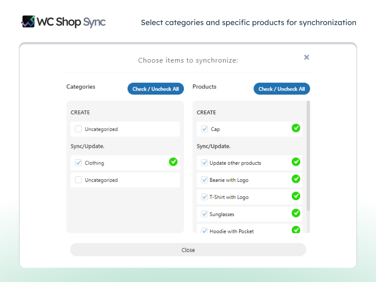 Select categories and specific products for synchronization