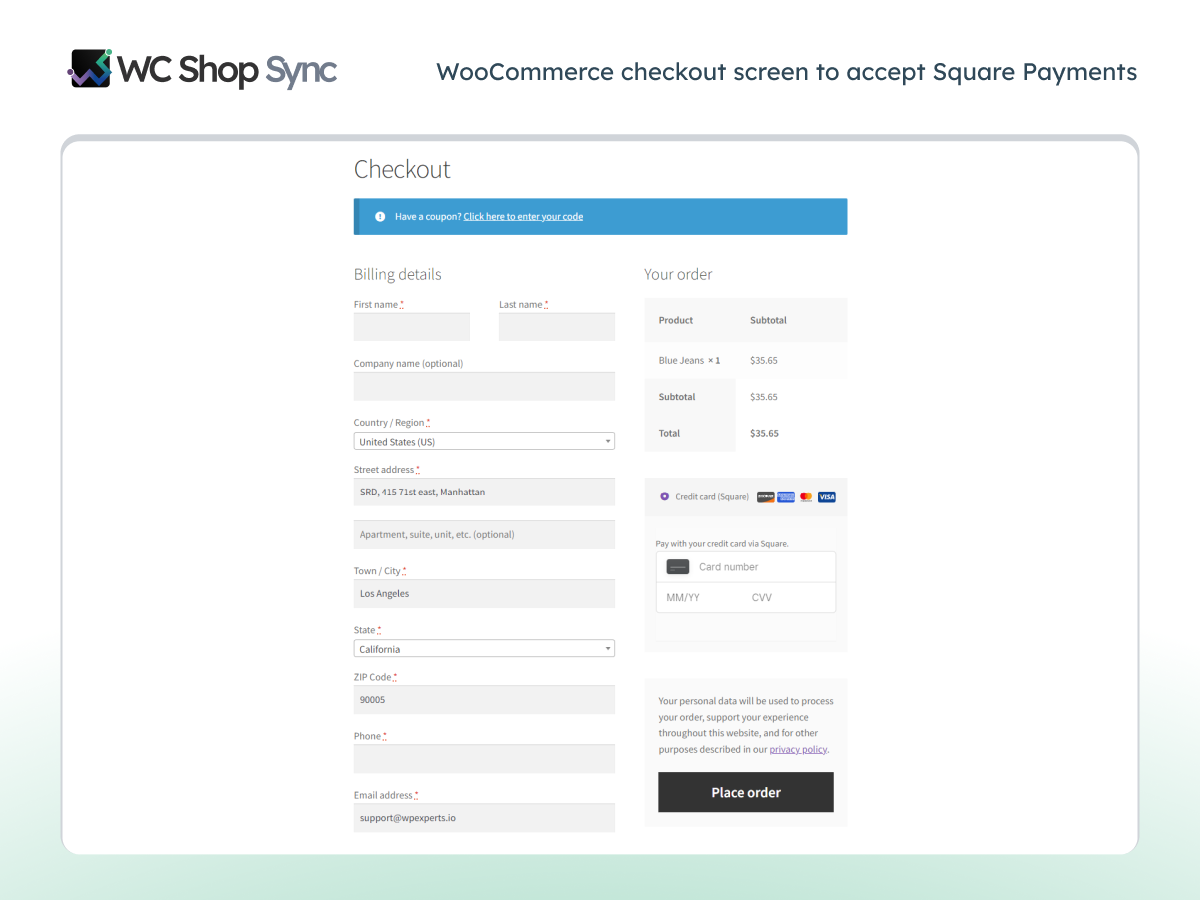 WooCommerce checkout screen to accept Square Payments