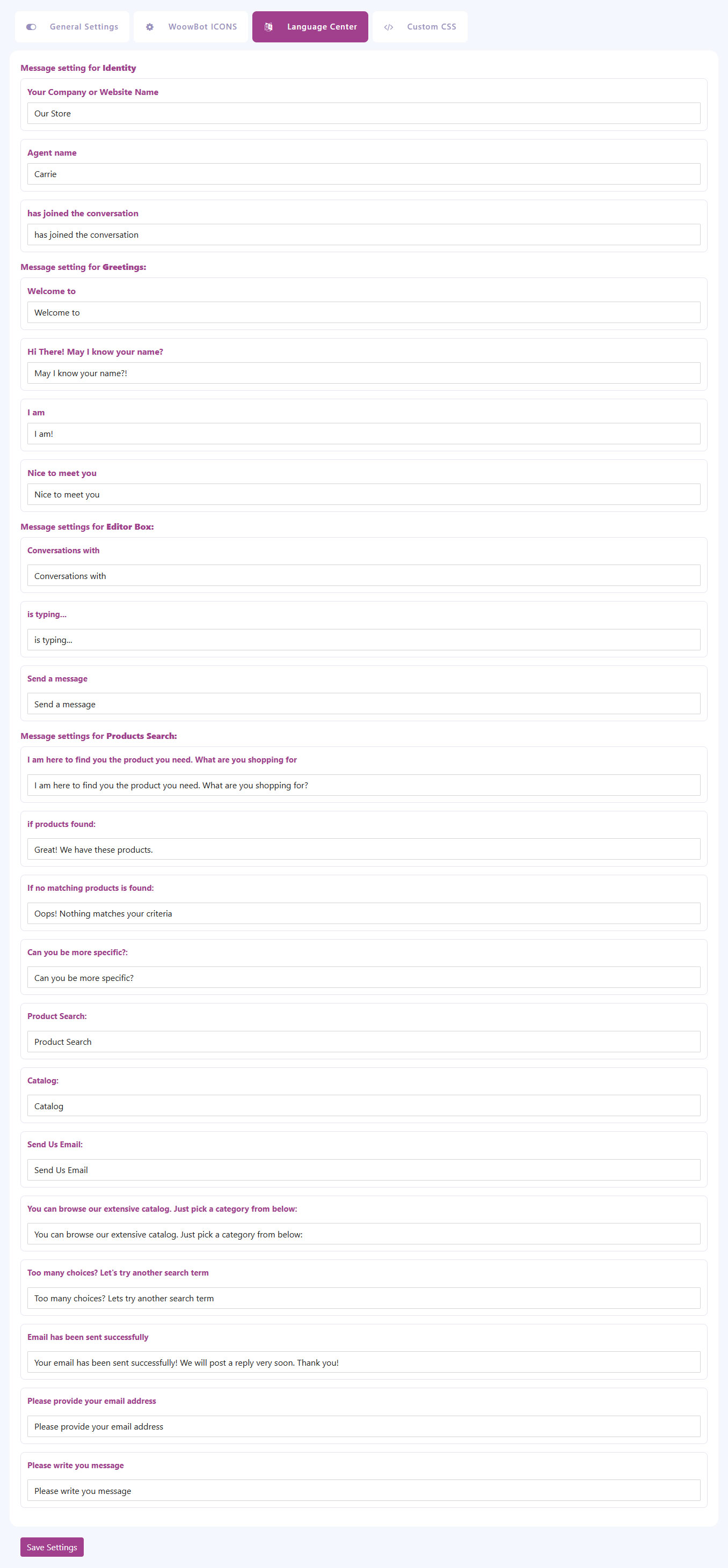 ChatBot for Woocommerce backend