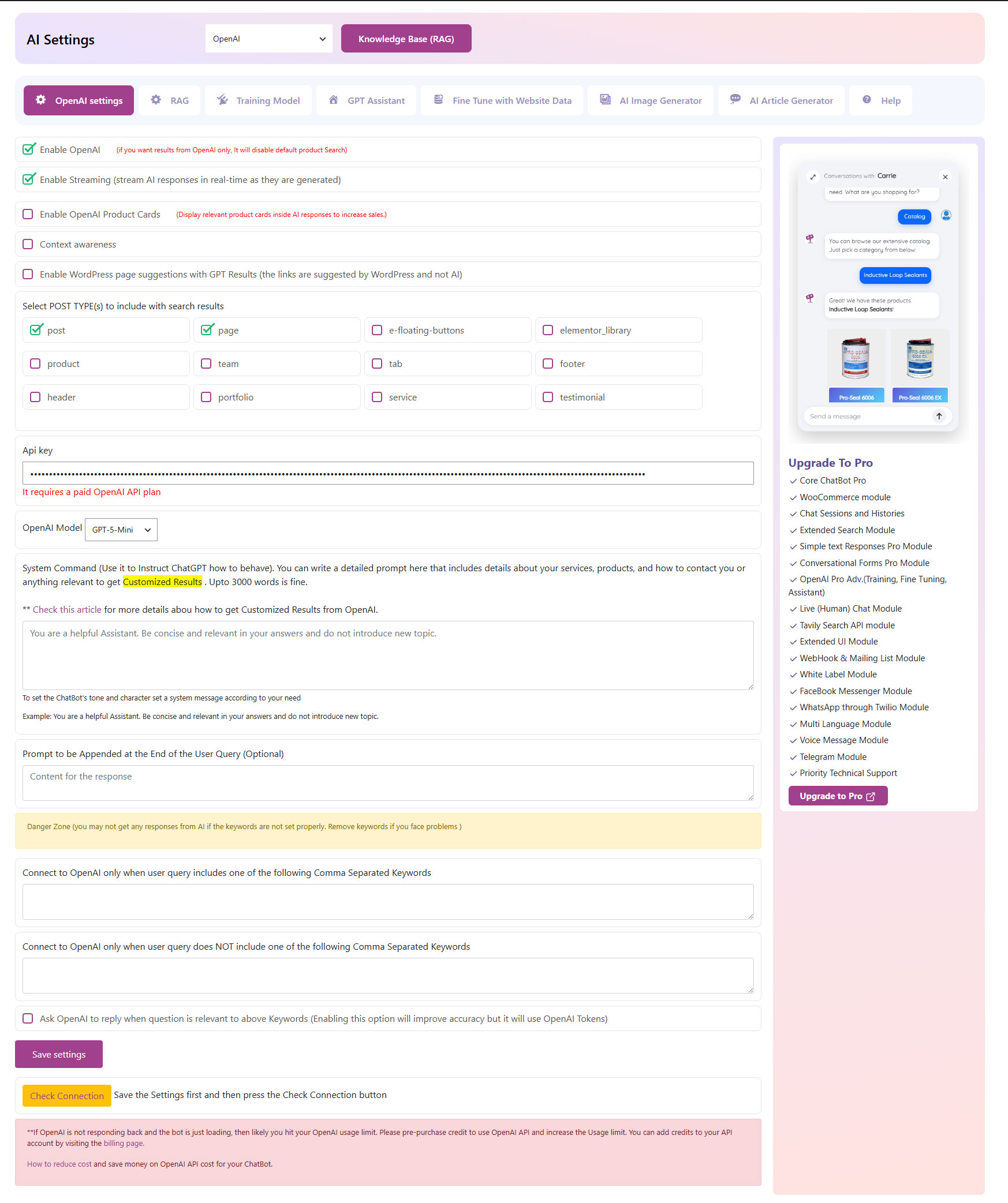 ChatBot for Woocommerce backend