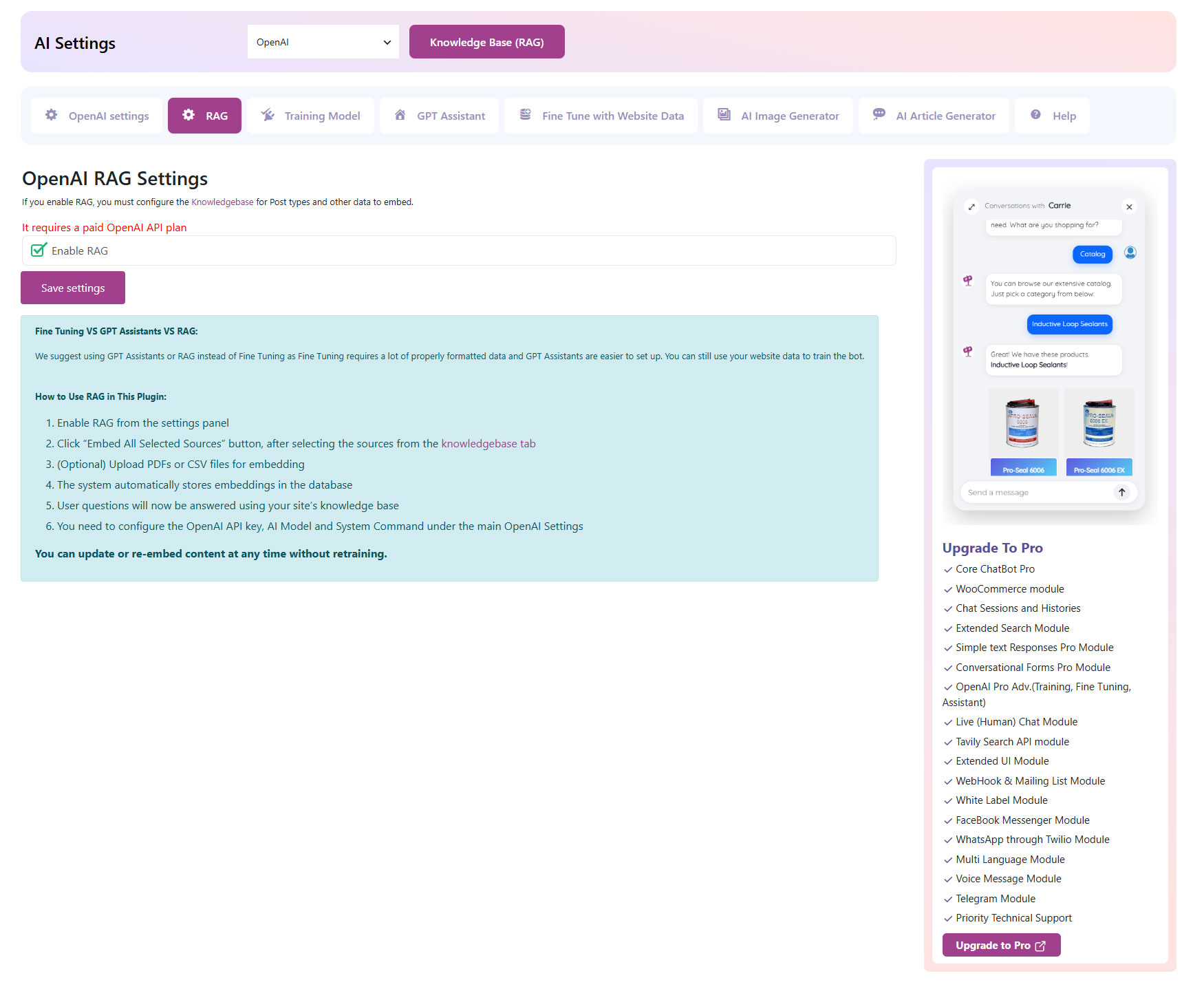 ChatBot for Woocommerce backend