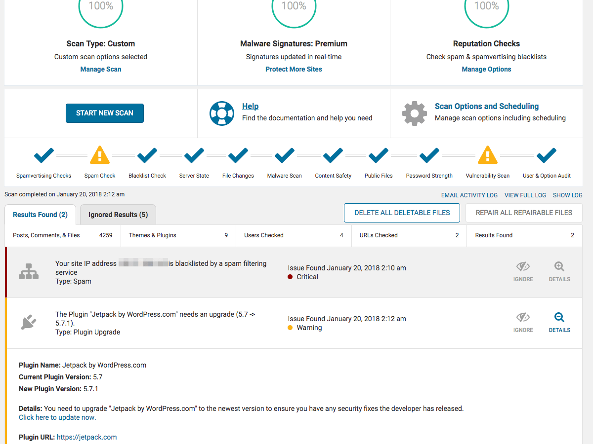 The Wordfence Security Scanner lets you know if your site has been compromised and alerts you to other security issues that need to be addressed.