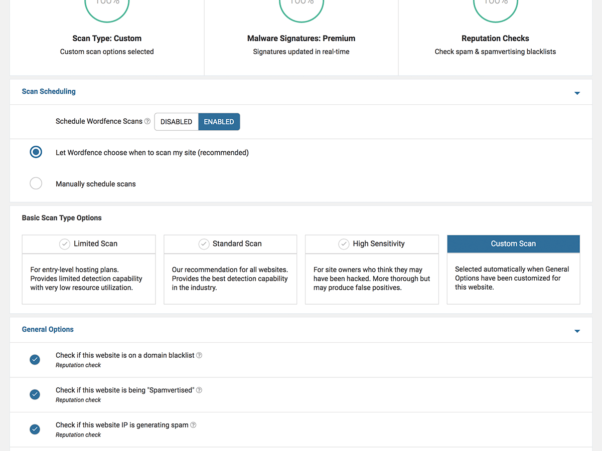 Wordfence is highly configurable, with a deep set of options available for each feature. High level scan options are shown above.