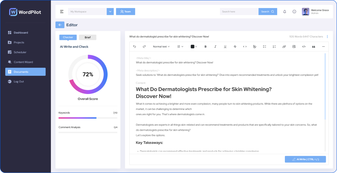 Content Generation — prompt fields and SEO controls.