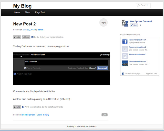 Custom Like Buttons and Comment box (based on the values set in screenshot 3) rendered from shortcodes. The top button links to the current post/page but the bottom button is a for a different page hosted on a completely different domain.