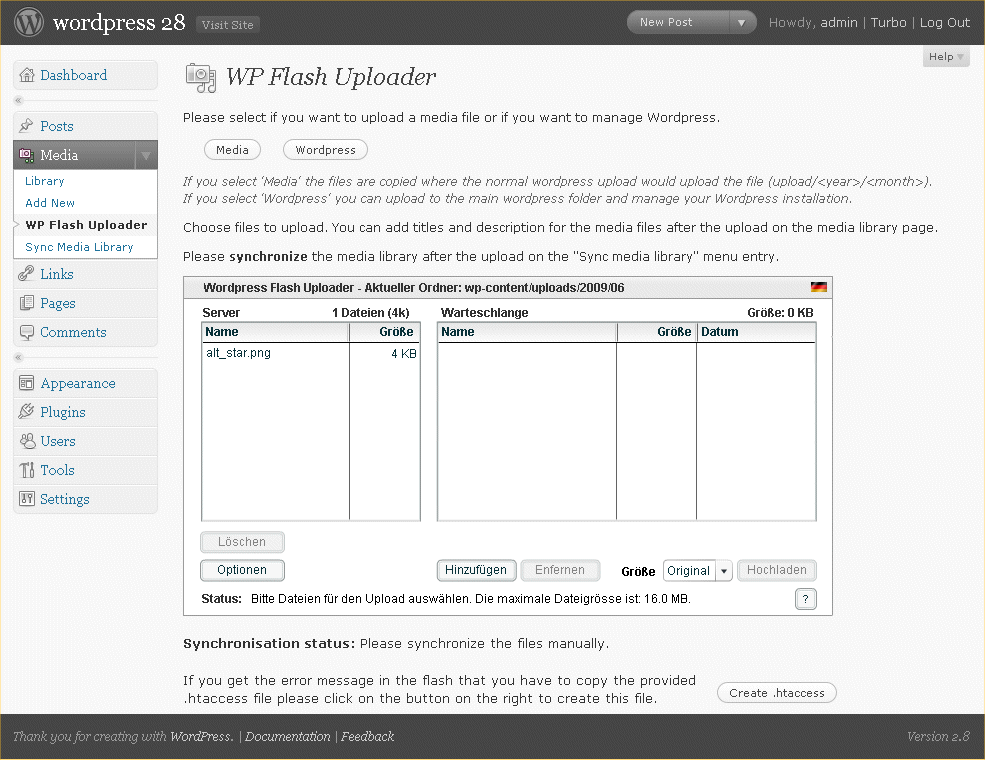 The Wordpress Flash Uploader page where you can upload images