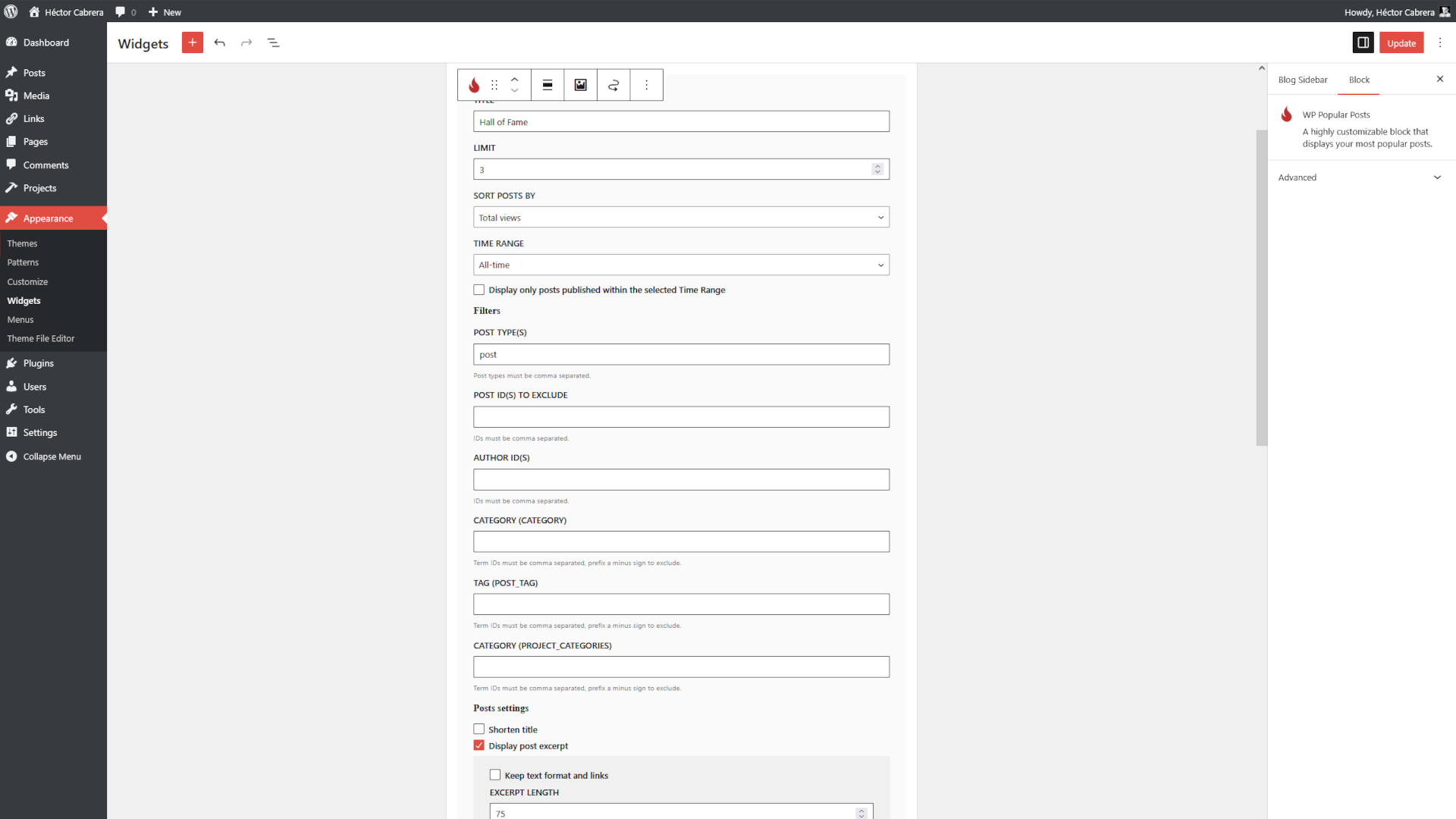 The WP Popular Posts block.