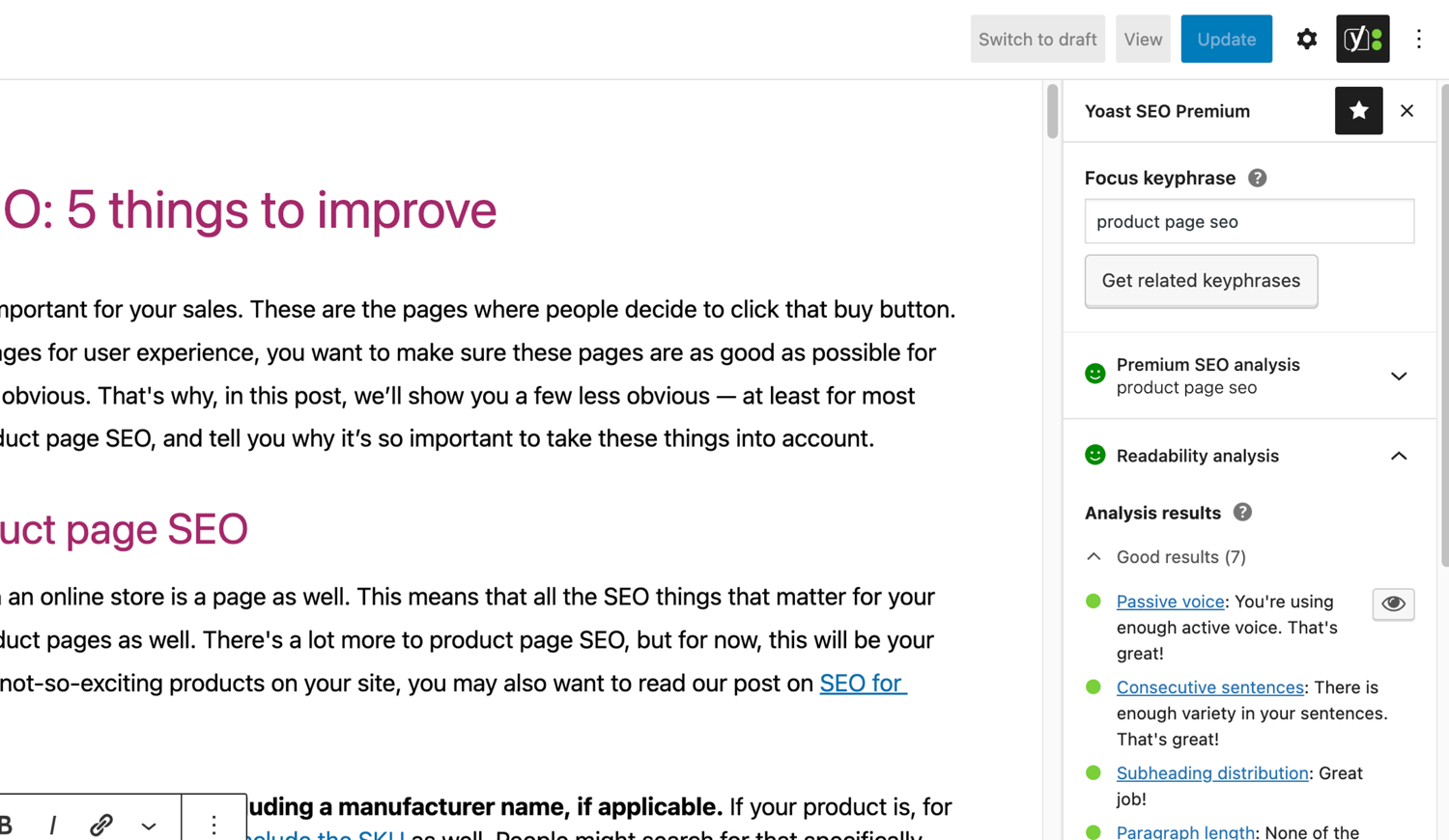 The famous SEO and readability analyses in Yoast SEO.