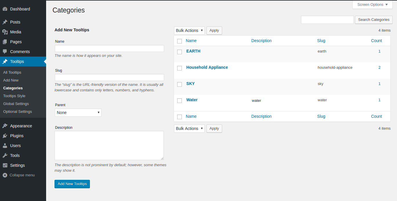 Tooltips Categories in back end