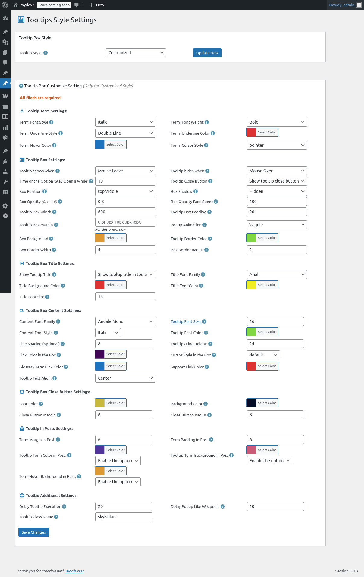style settings panel -- Tooltips Pro