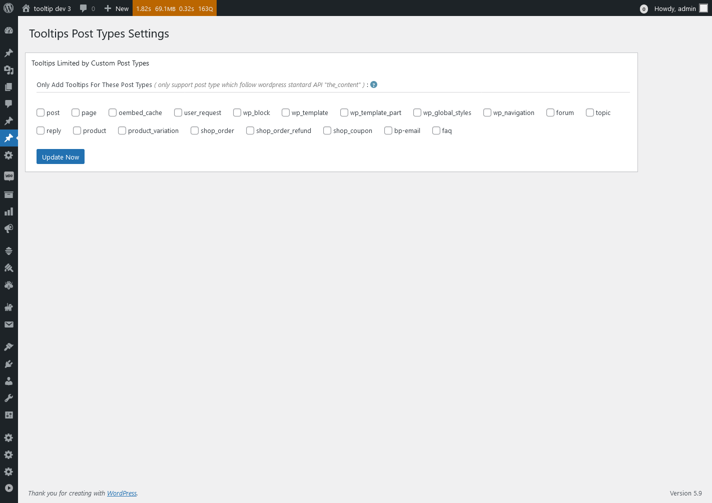 Tooltips Post Types Settings