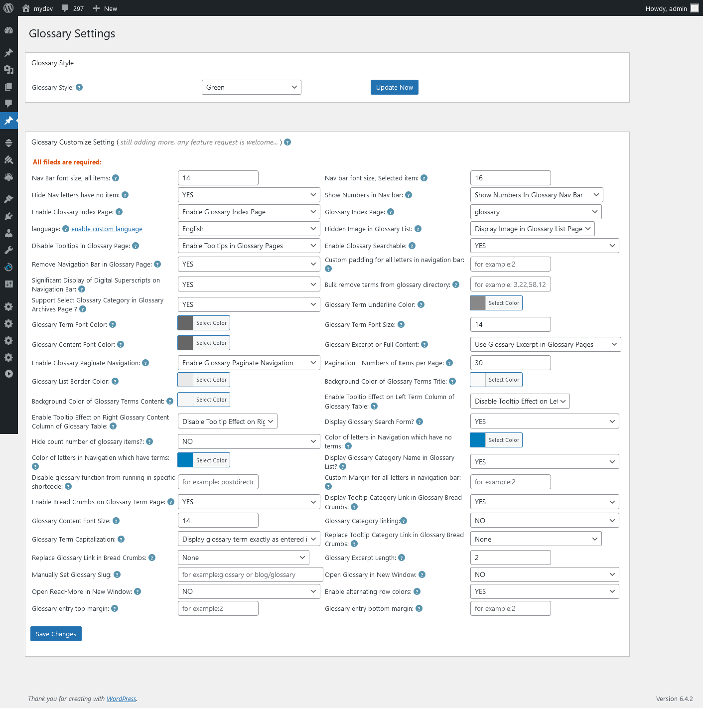 Glossary Settings Panel