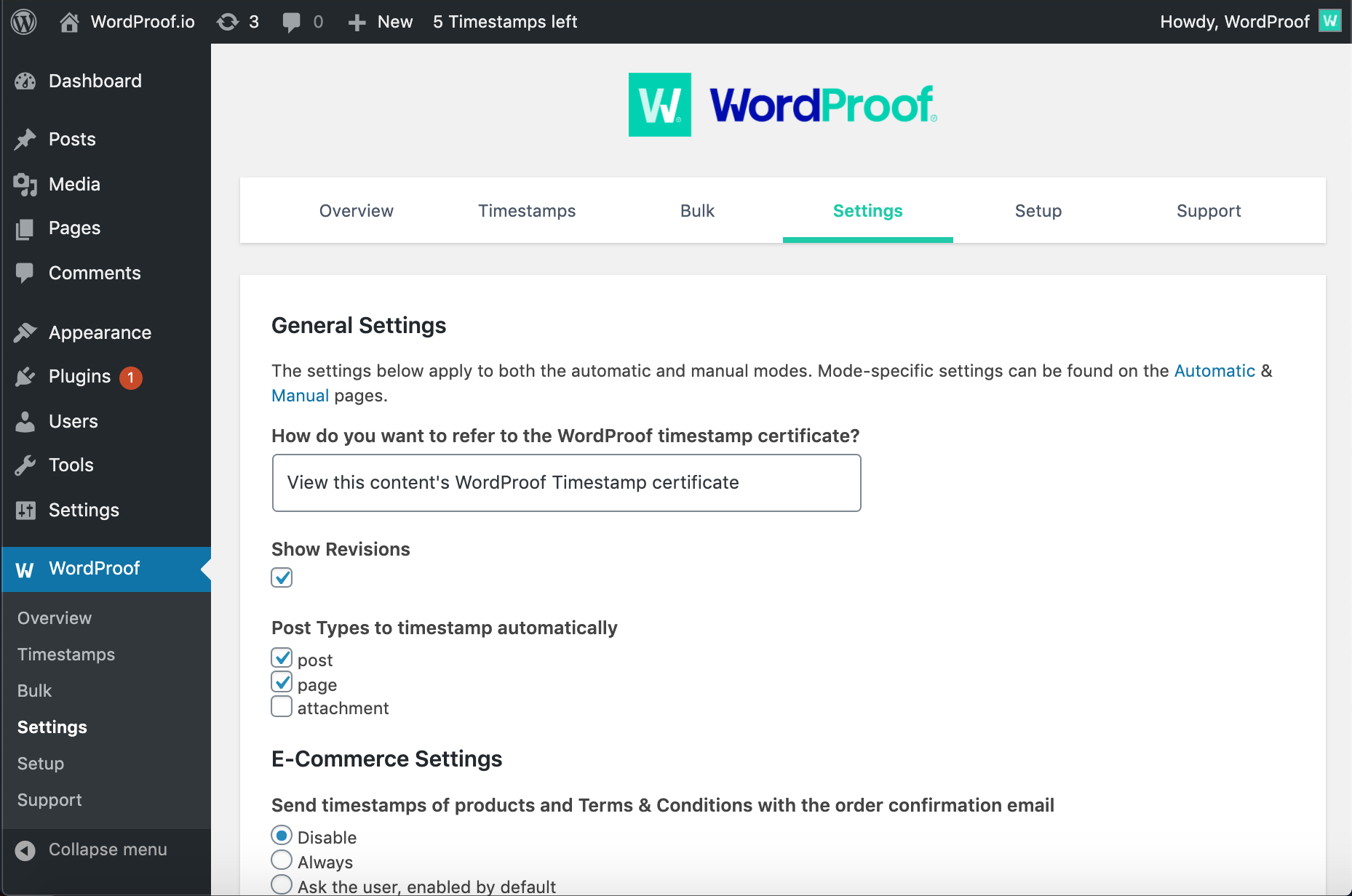 Change the settings in the WordProof Timestamp plugin options panel.