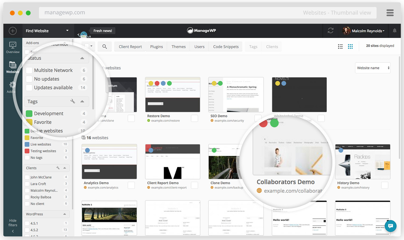 Painel do ManageWP com visualização em miniaturas de 20 sites