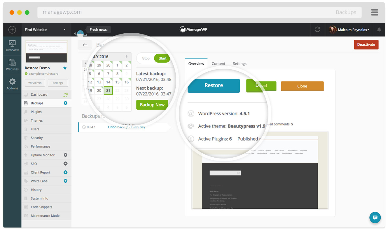 Cloud backups with detailed information about each restore point