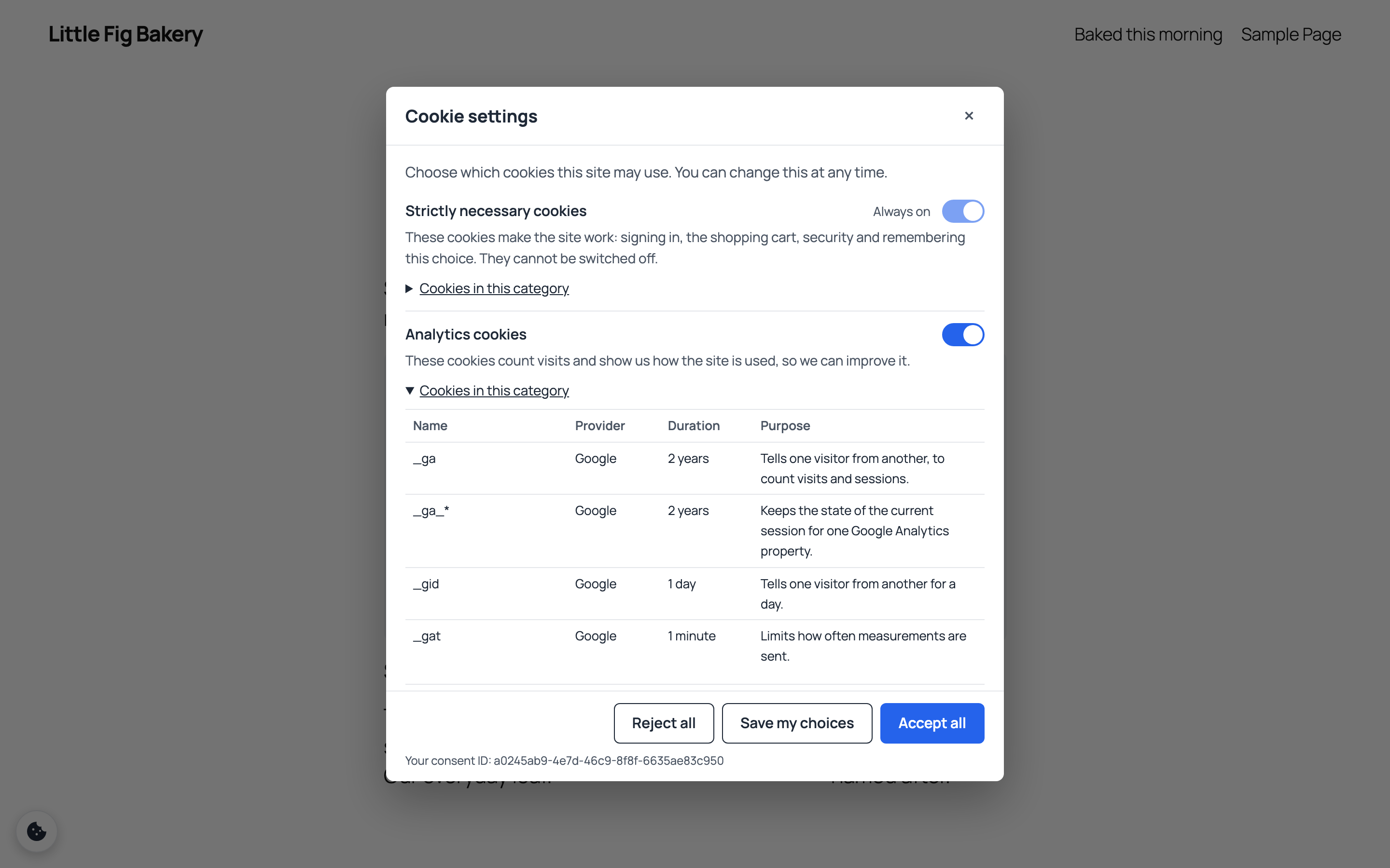 The cookie settings window: a switch for each category, the cookies in it, and the visitor's consent ID.