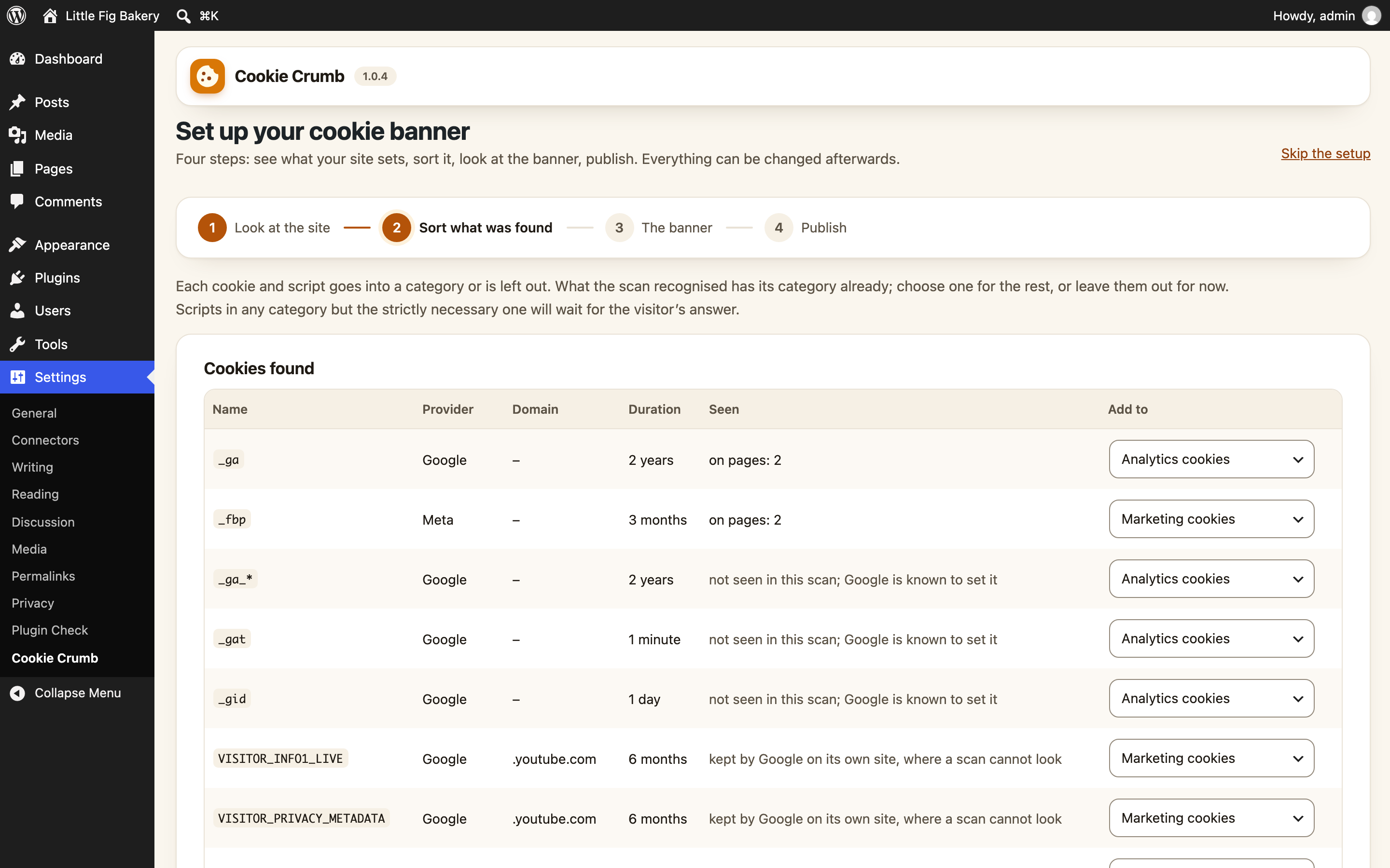 The first-time setup: scan the site, sort what was found, look at the banner, publish.