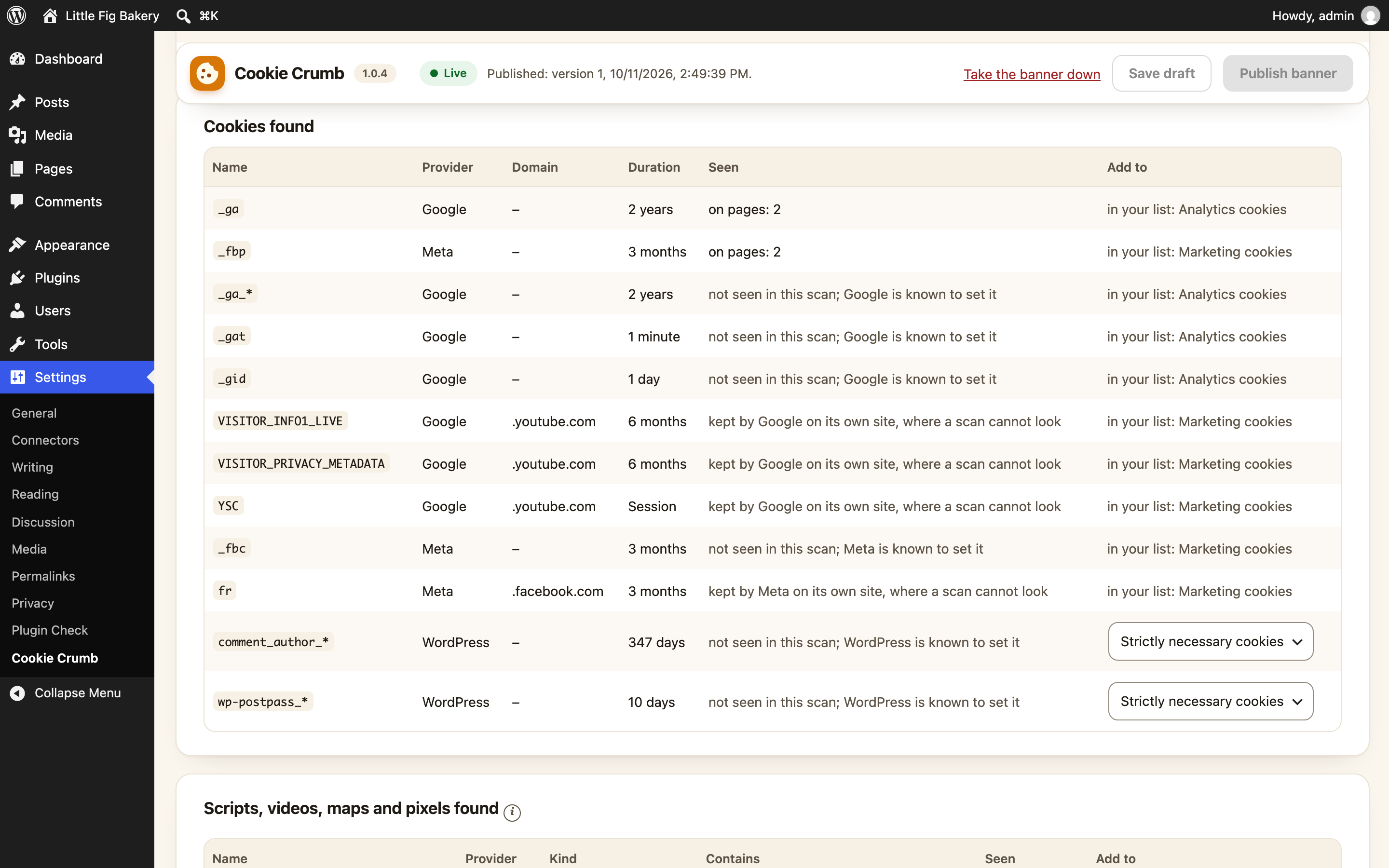 Cookie scan: the cookies your pages set and what they load from other sites, each with a category suggested where the service is known.