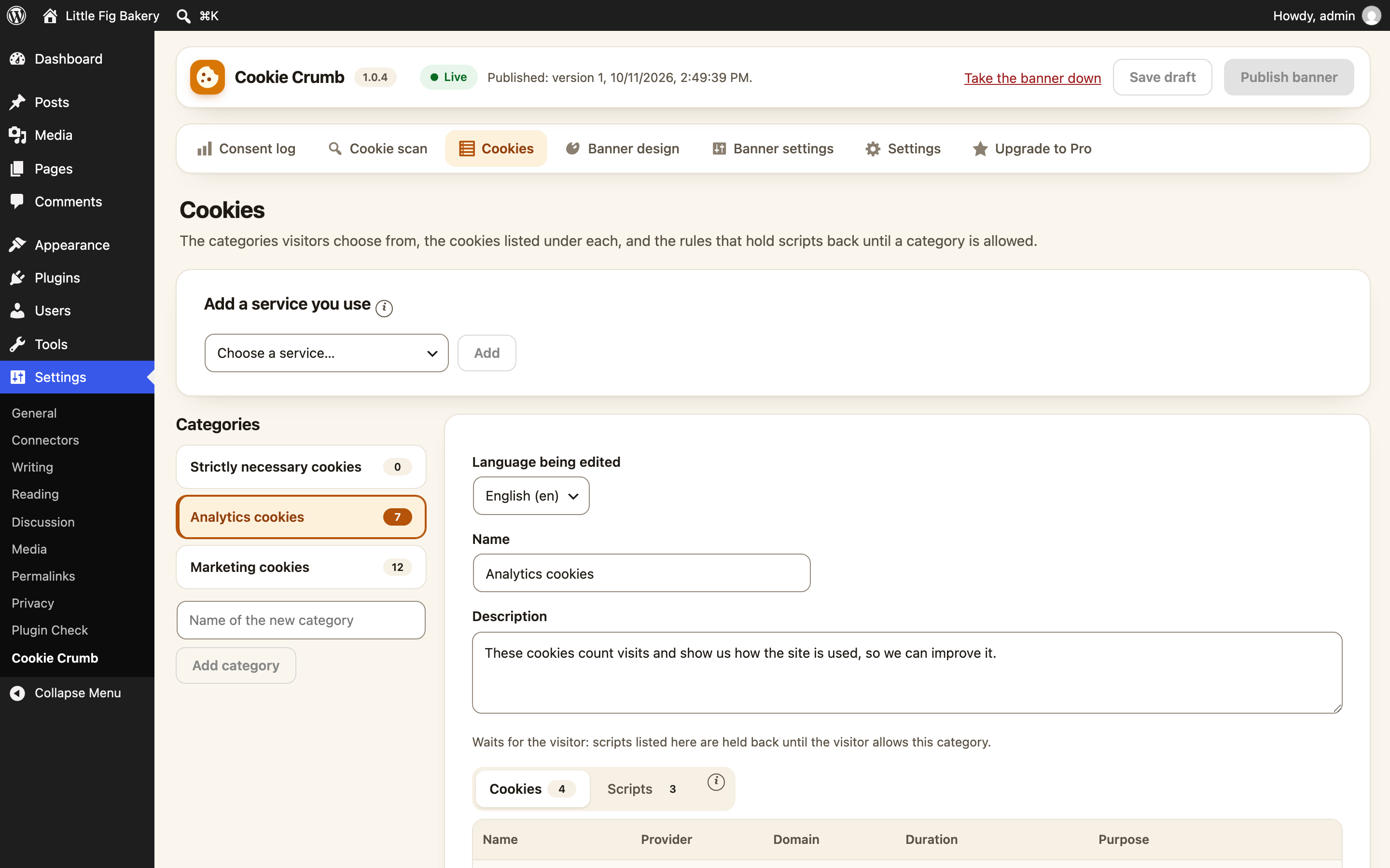 Cookies: categories, the cookies visitors read about, and the rules that hold scripts back.
