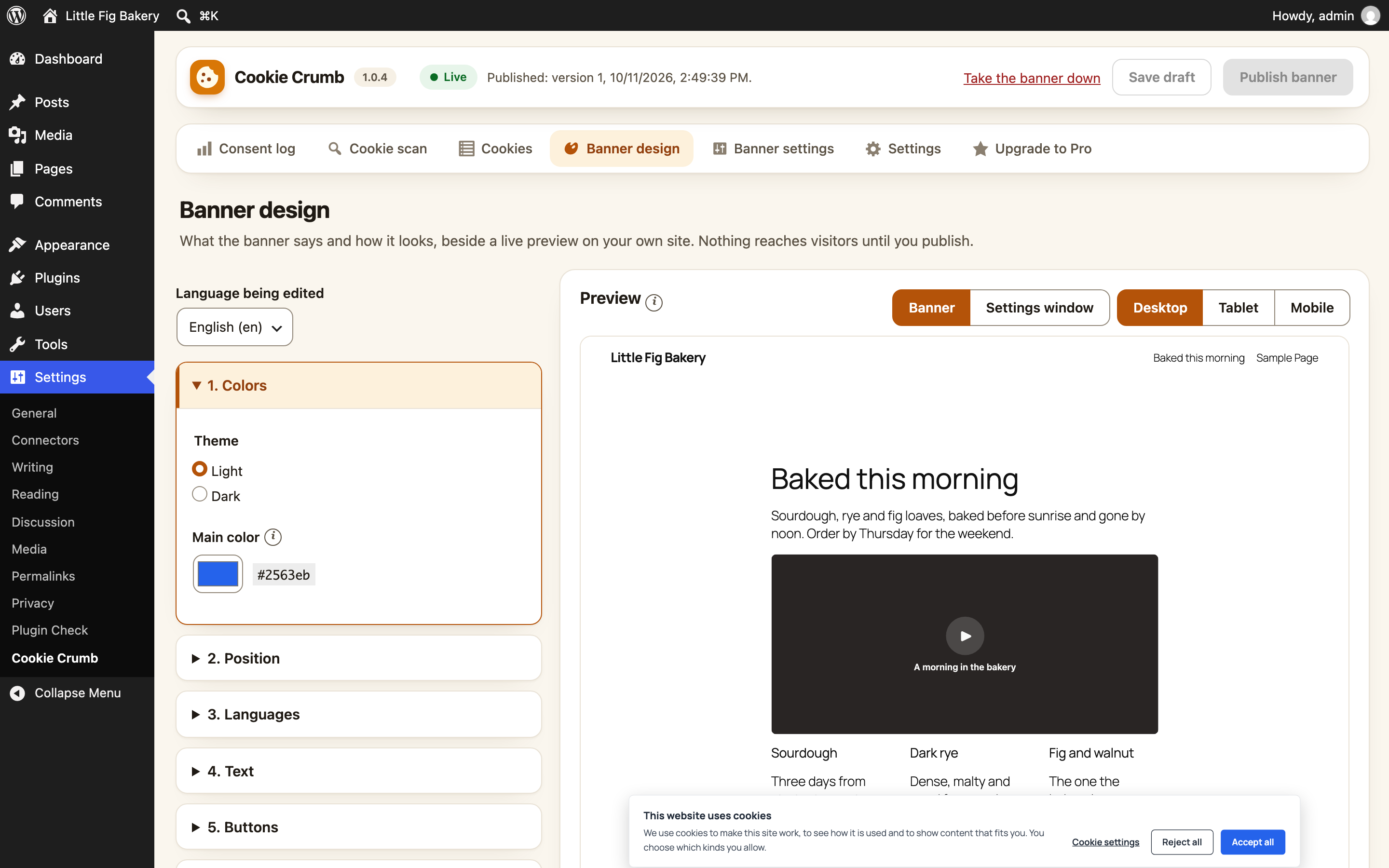 Banner design: words, languages, colors and position beside a live preview on your own site.