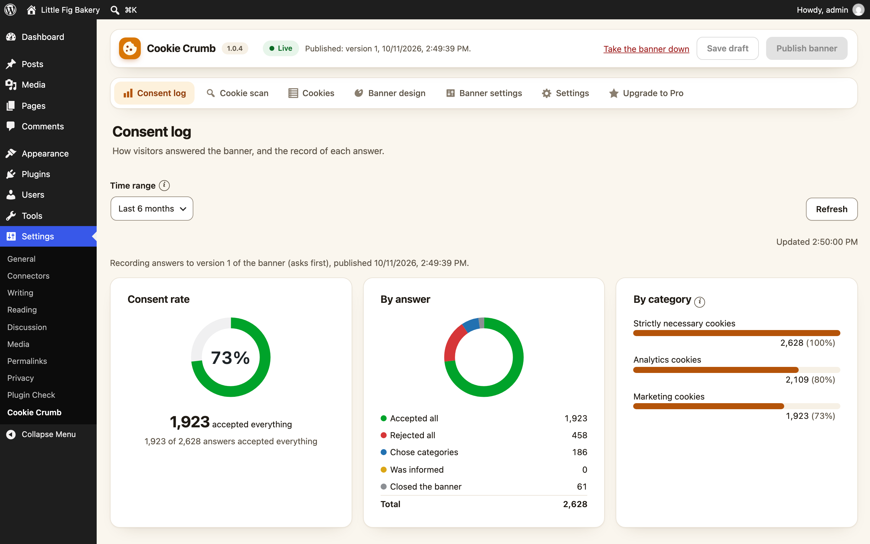 Consent log: how visitors answered, by kind, by category and over time, and page views, for the time range you choose.