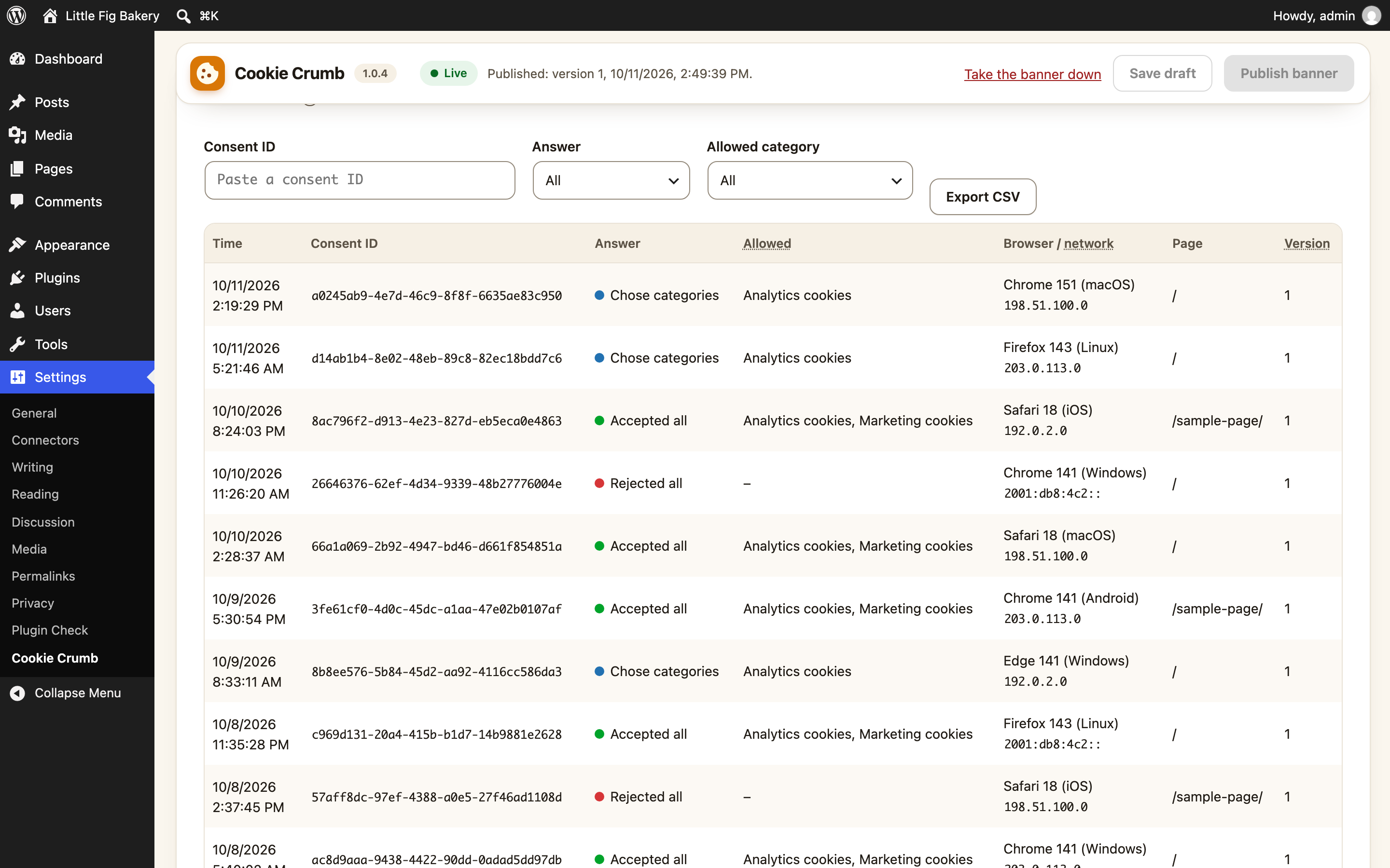 Consent log: one record for each answer, found by the visitor's consent ID and exported as CSV.