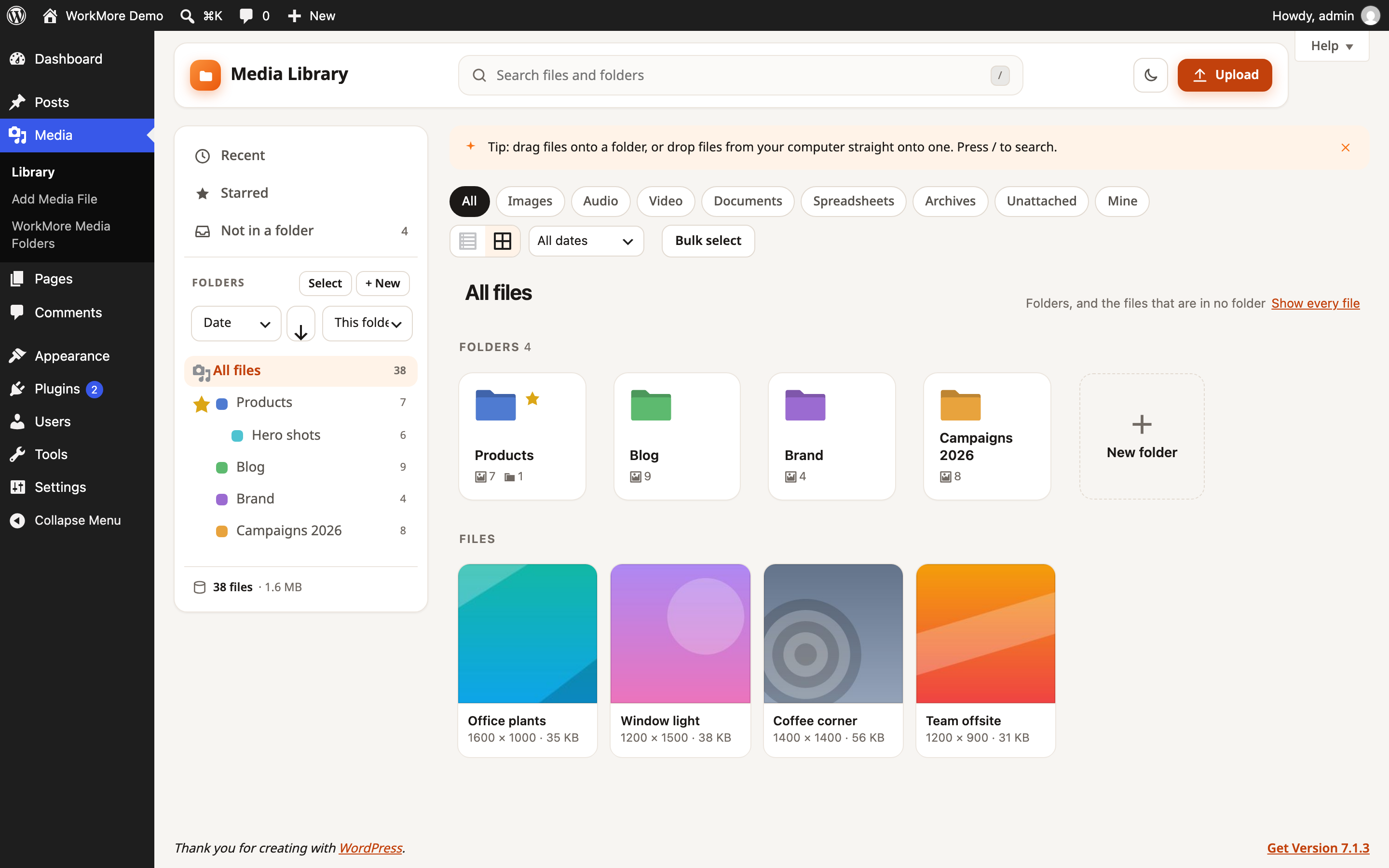 The Media Library in the Standard interface: folder tiles next to the files that are not in a folder yet, smart views and the folder tree beside them, one search field on top.