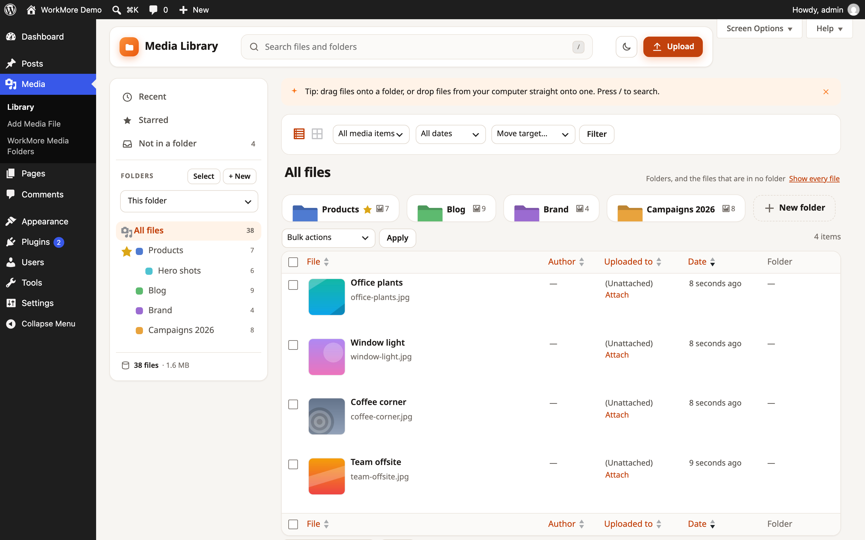 The Media Library list view with the folder sidebar and chips; drag rows onto folders by their thumbnail.