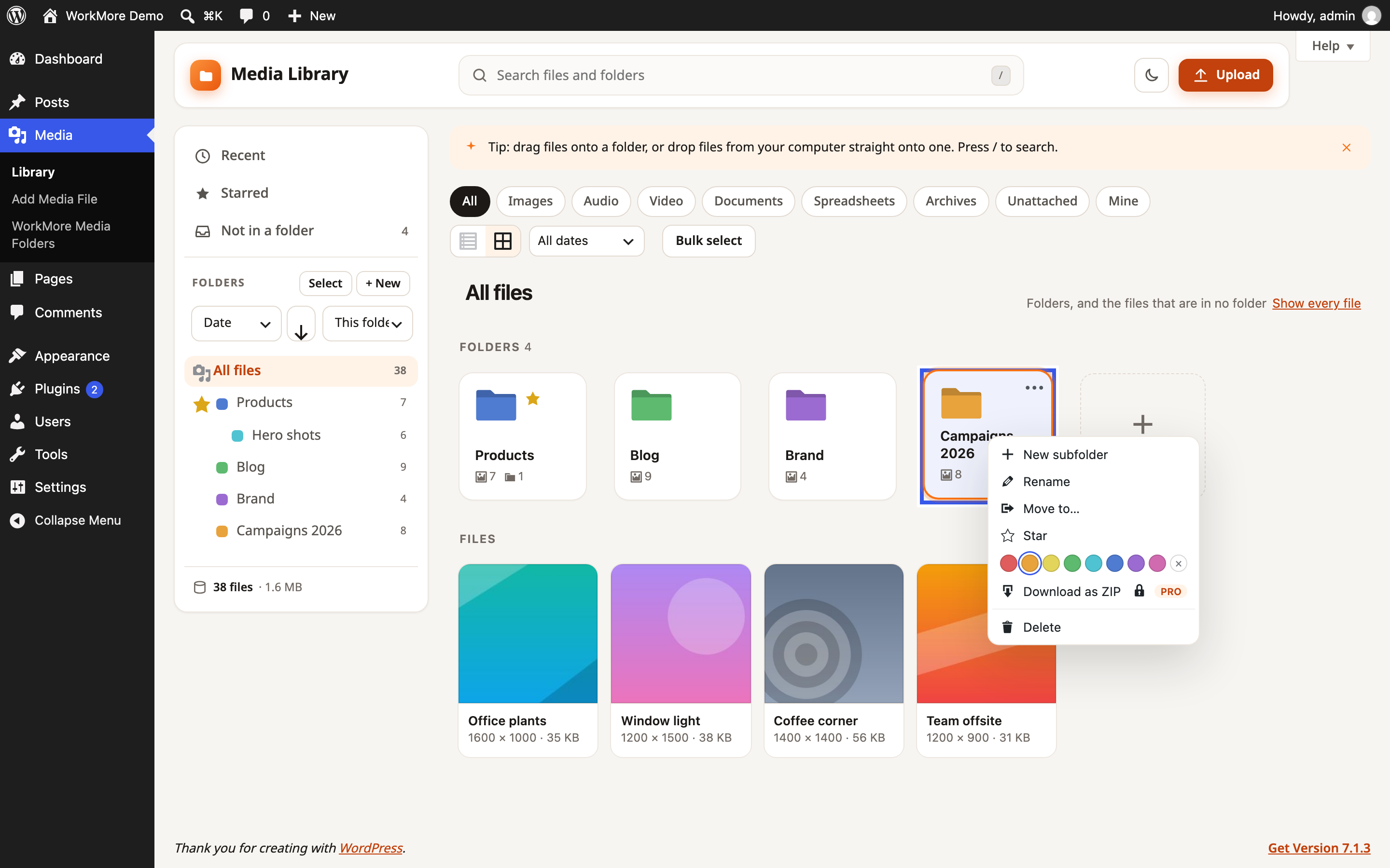A folder's right-click menu: new subfolder, rename, move, star, color and delete.
