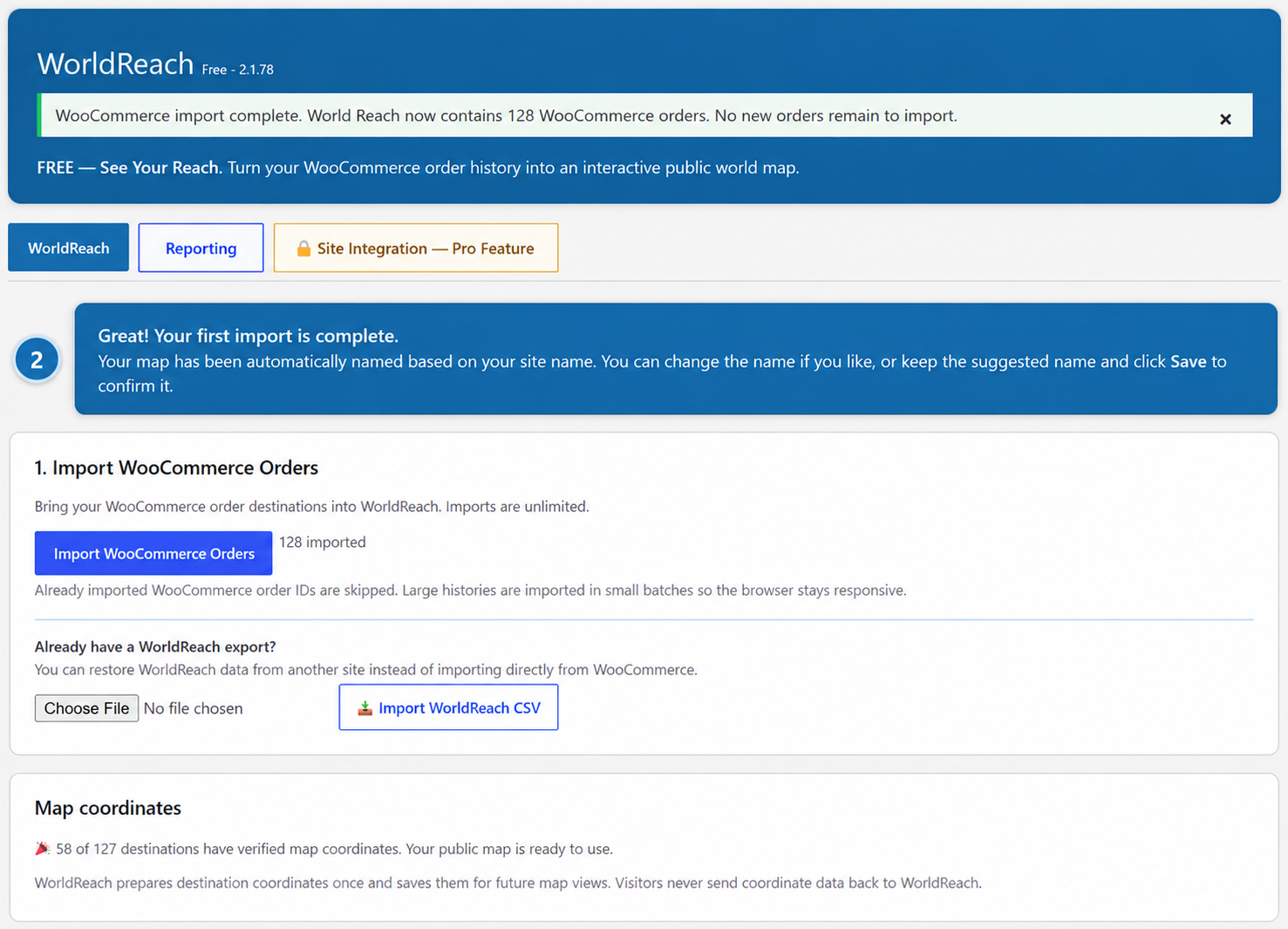 WorldReach onboarding showing WooCommerce import and one-time coordinate preparation.
