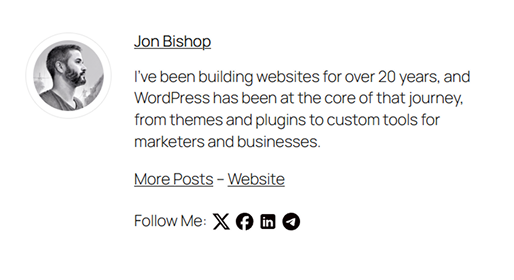 Author bio with social icons displayed below a post