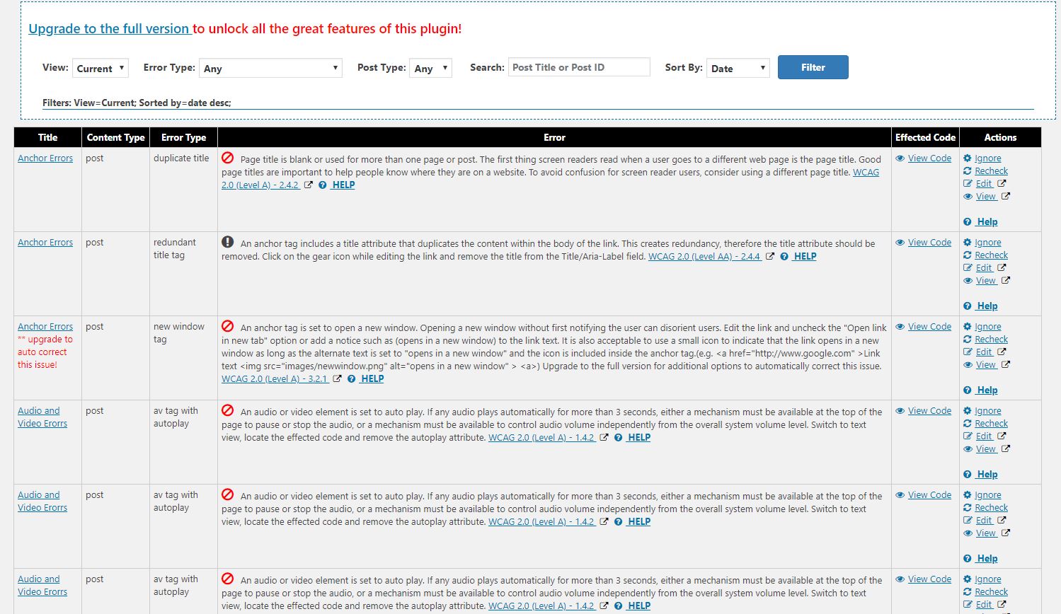 The Web Accessibility report screen includes a list of errors found on the website. Each row includes a description of the error, code view and options for viewing or correcting the issue.