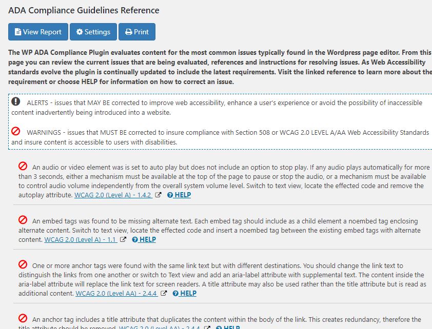 The ADA Compliance Guidelines Reference shows a list of issues that content is evaluated for along with a reference and instructions for resolving them when encountered.