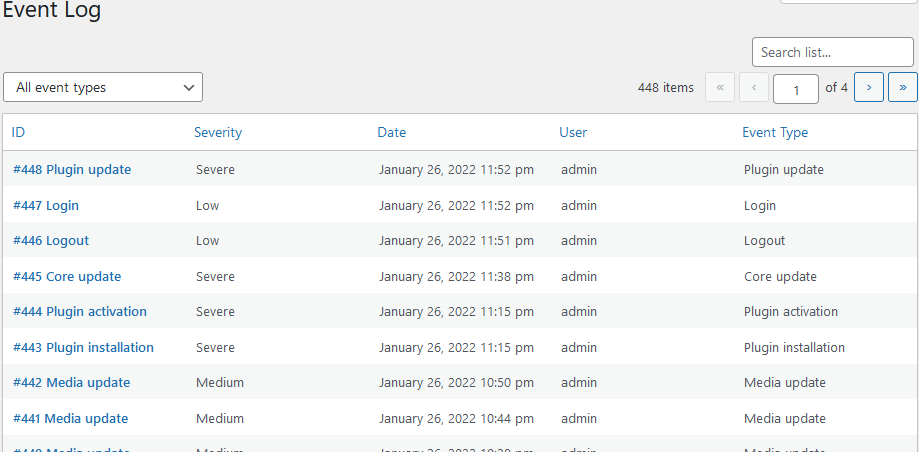 The event log is the central hub of WP Admin Audit. It is essentially an audit trail of all the activities of your admin(s) and other security relevant events.