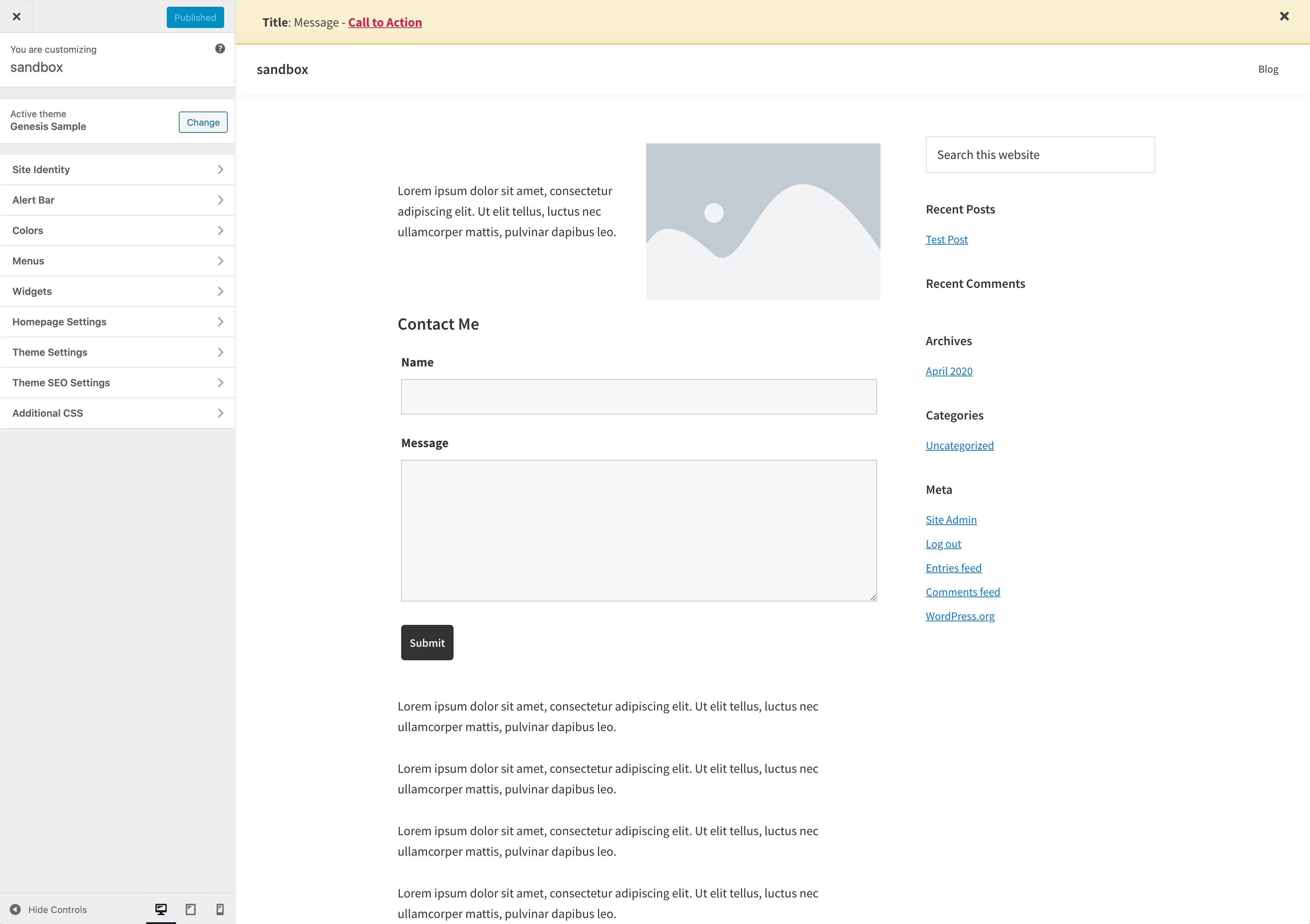 WP Alert Bar section in customizer