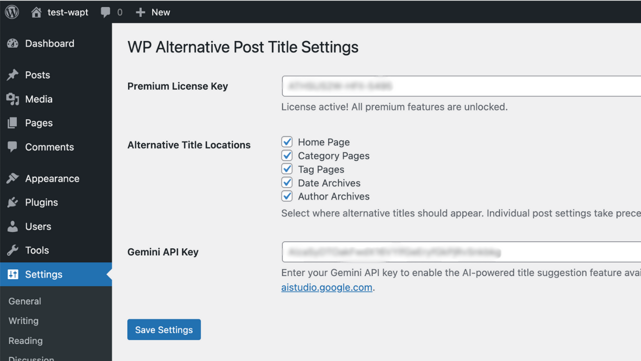 Pro settings page for customizing title display locations.
