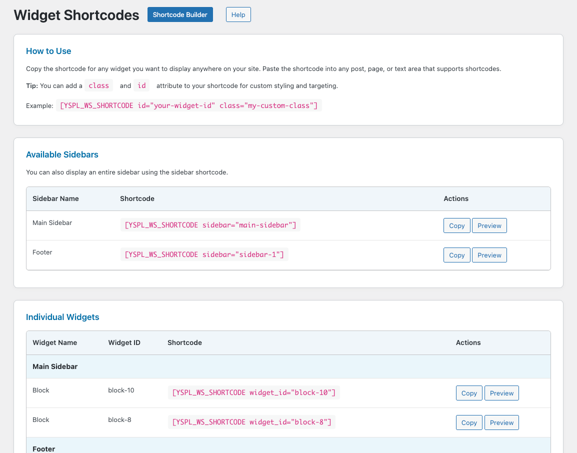 Dedicated admin page listing all widget shortcodes for easy copy-paste!
