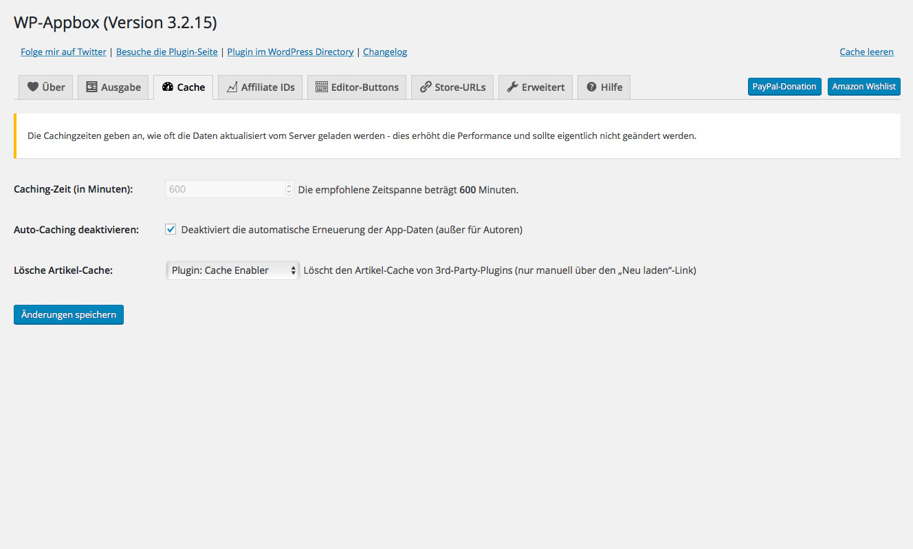WP-Appbox settings: "Cache"